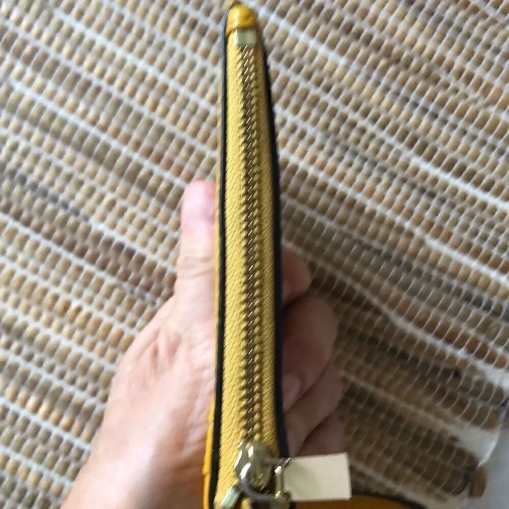 Michael Kors, mustard, pebbled, leather wristlet, credit card, keychain, wallet